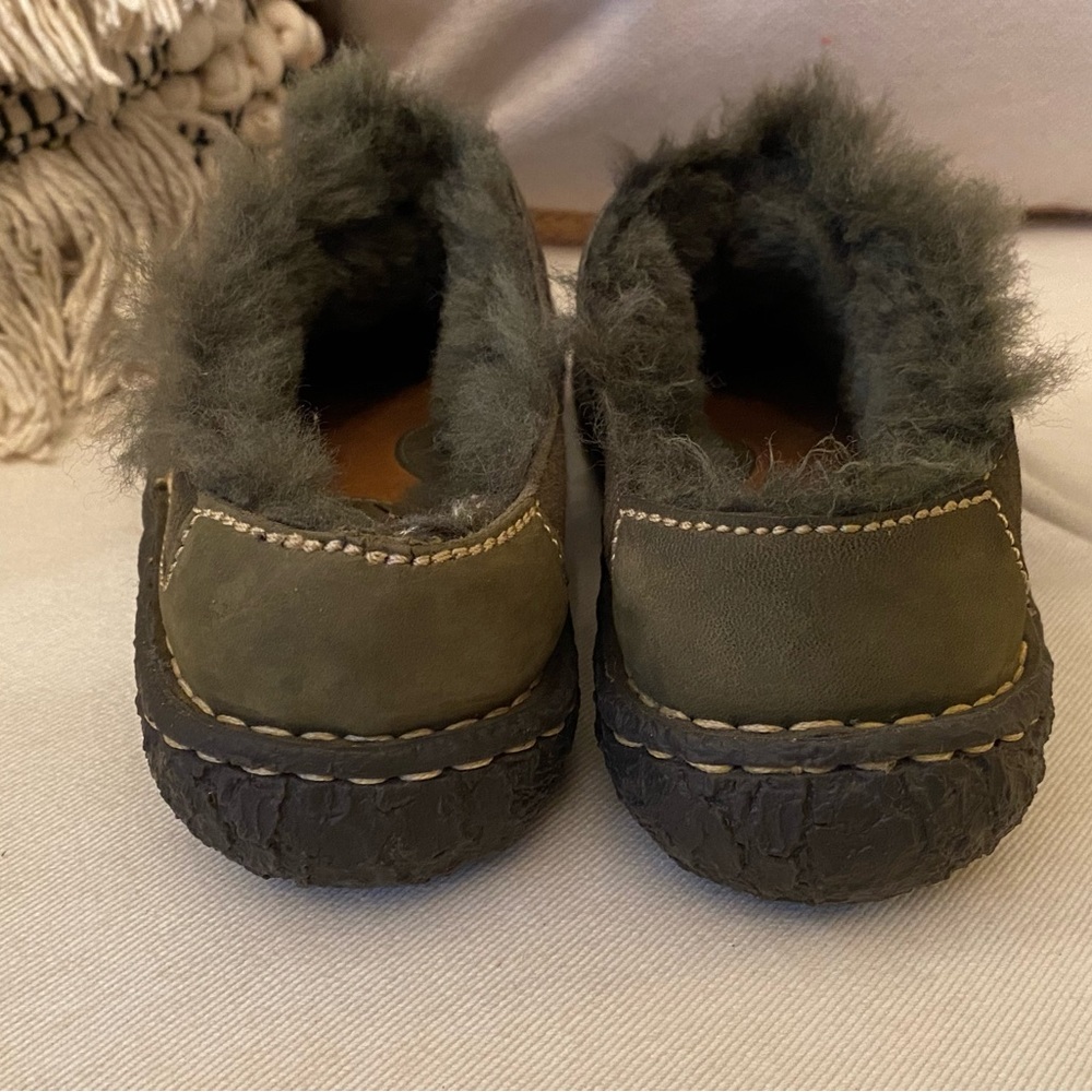 Born Olive Green Suede Shearling-Lined Clog Mules with Brown Lace Accents - Picture 5 of 7